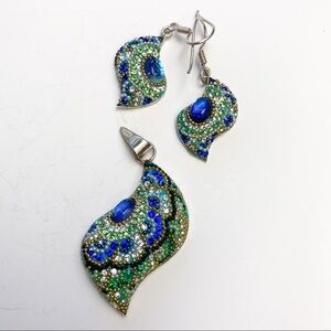 Peacock Colored Crystal Necklace Earring Set. Sterling 925. Blue Green Paisley